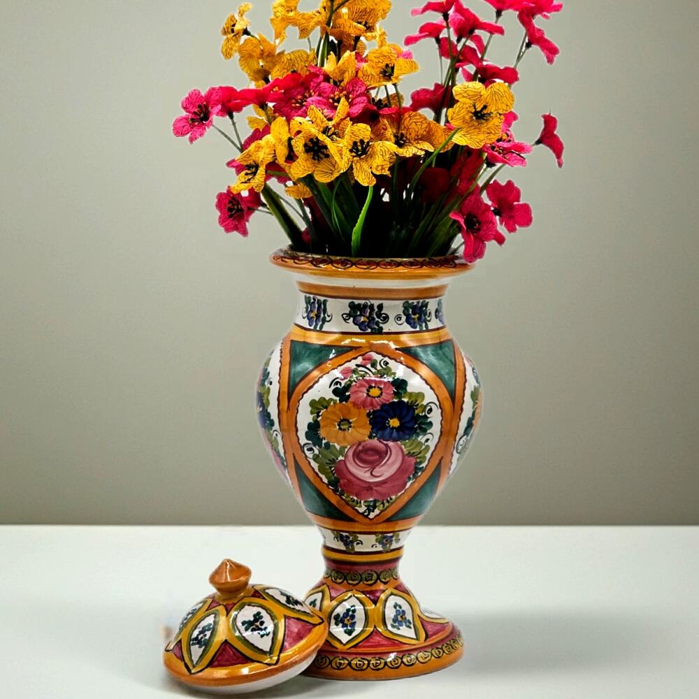 Peruvian Majolica Floral Lidded Urn Vase Hand Painted FCA Pottery 11"